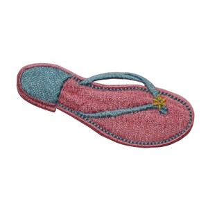 May include: Pink and blue embroidered flip flop patch. The flip flop has a blue strap and a pink sole.