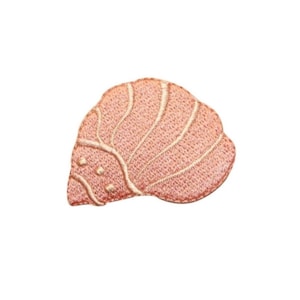 May include: A pink embroidered seashell patch. The shell is detailed with white stitching and has a slightly open shape.