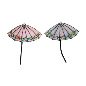 May include: Two embroidered iron-on patches of pink and gray umbrellas with floral details.