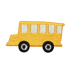 May include: Yellow school bus with black wheels and white windows. The bus is a simple cartoon design.