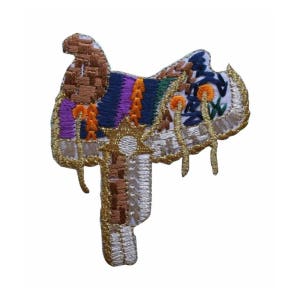 May include: A colorful embroidered patch of a saddle with brown, purple, blue, green, orange, and white thread. The saddle is decorated with gold thread.