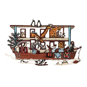 May include: Embroidered patch showing a wooden boat with a variety of animals on board, including a giraffe, lion, cat, penguin, and a man with a fishing net. The boat is surrounded by water and a tree with green leaves.