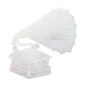 May include: White embroidered iron-on patch of a vintage gramophone with a large horn.
