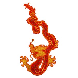 May include: Red and gold embroidered iron-on patch of a Chinese dragon.