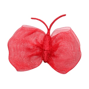 May include: A red mesh butterfly hair clip. The butterfly is made of red mesh fabric and has a wire frame. The hair clip is attached to the back of the butterfly.