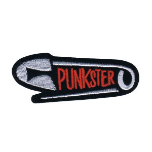 May include: Black and white safety pin with the word "Punkster" in red embroidered on it.