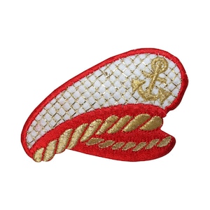 May include: Red and gold embroidered sailor hat patch with a white mesh background and an anchor design.