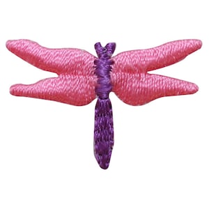 May include: Pink and purple embroidered dragonfly applique. This is a small, decorative patch that can be used for crafts and sewing projects.
