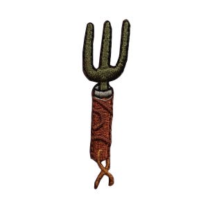 May include: A green garden hand rake with a brown wooden handle. The rake has three tines.