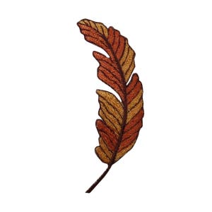 May include: A brown and gold embroidered feather with a detailed design. The feather is a decorative embellishment for crafts and sewing projects.