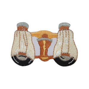 May include: A pair of white and brown embroidered binoculars with black detailing.