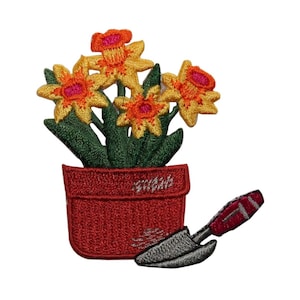 May include: Embroidered iron-on patch of a potted plant with yellow and orange flowers and a small trowel. The pot is red and has the word "Flowers" written on it.