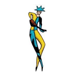 May include: An embroidered iron-on patch of a stylized figure in a blue and yellow costume with a blue hat. The figure is holding a brown instrument.