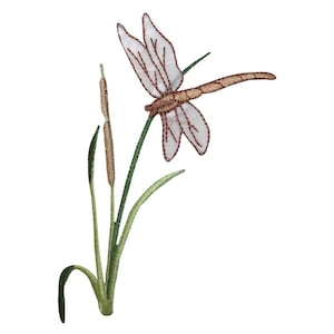 May include: Embroidered patch of a white dragonfly with brown wings perched on a green stem with brown reeds.