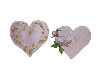 ID 3273AB Set of 2 Floral Heart Patch Valentine Day Embroidered Iron On Applique