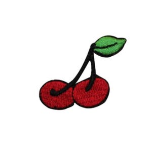 May include: A red cherry with a green leaf and a black stem. The cherry is embroidered on a white background.