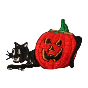 ID 0815 Black Cat Jack O&#39;Lantern Patch Halloween Embroidered Iron On Applique
