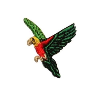 May include: A green, red, and yellow embroidered parrot patch with wings spread in flight.
