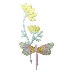 May include: A light blue dragonfly with pink and yellow wings is embroidered on a white background with two yellow flowers and green stems.