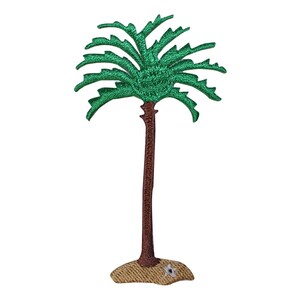 Könnte beinhalten: Gestickter Bügelaufkleber mit einem grünen Palmenbaum mit braunem Stamm und braunem Sockel.