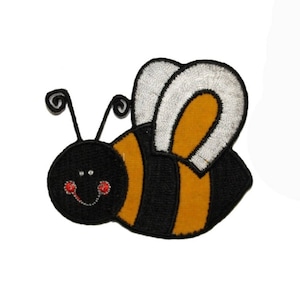 May include: A cartoon bee with black and yellow stripes, white wings, and red eyes. The bee is smiling.