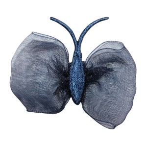 May include: A dark blue butterfly-shaped hair clip made of mesh fabric with a glittery finish.