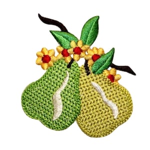 May include: Two green pears with yellow and red flowers embroidered on a green stem. The pears are stitched with a textured pattern.