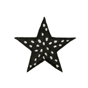 May include: Black star-shaped patch with white polka dots.