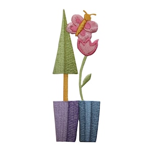 May include: Embroidered patch with a green tree, a pink flower with a yellow butterfly, and two purple and blue pots.