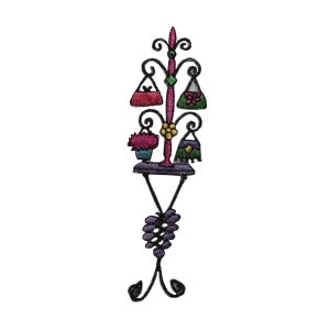 May include: An embroidered iron-on patch of a decorative stand with a shelf and three hanging baskets. The stand is black with purple accents. The baskets are pink, green, and blue with floral details.