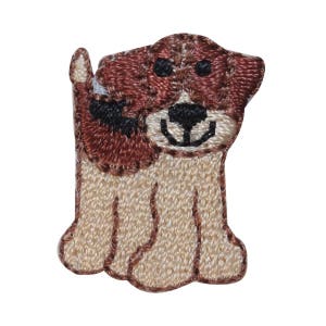 May include: Embroidered brown and beige dog patch with a smiling face.