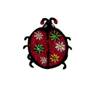 Può includere: Una coccinella rossa con contorni neri e disegni di fiori bianchi e verdi.
