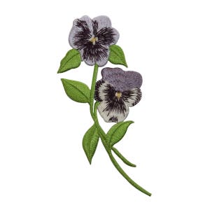 May include: An embroidered patch featuring two purple and white pansies with yellow centers on a green stem with leaves.