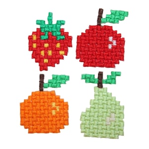 May include: Four embroidered felt fruit patches: a red apple, a green pear, an orange orange, and a red strawberry.