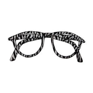 May include: Black and white zebra print glasses with a rounded frame.