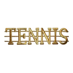 May include: Gold embroidered patch with the word "TENNIS" in a bold font. The word is centered on a background of four horizontal lines.