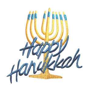 May include: A gold embroidered menorah with blue embroidered flames and the text "Happy Hanukkah" in blue.