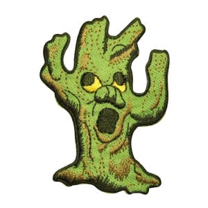 May include: Green embroidered patch of a tree with a face. The tree has a wide open mouth and yellow eyes.