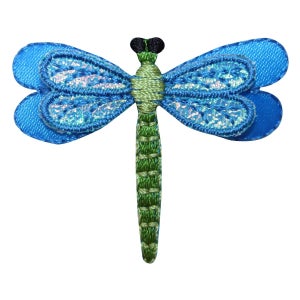 May include: A blue and green embroidered dragonfly applique. The dragonfly has a black head and a green body with blue wings.