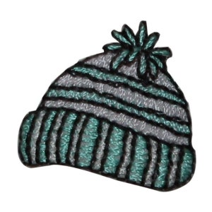 May include: A green and gray striped knit beanie with a pom pom on top.