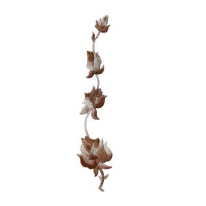 May include: A brown and white embroidered floral applique with five flowers and leaves.