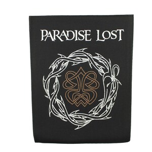 May include: Black embroidered patch with the words "PARADISE LOST" in white lettering. A white, thorny wreath surrounds a brown, Celtic knot design.