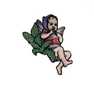 May include: Embroidered iron-on patch of a baby fairy with wings, wearing a purple and red dress, sitting in a green flower.