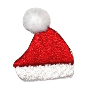 May include: A small, embroidered Santa hat patch. The hat is primarily red with a white, fluffy trim at the base and a white pom-pom at the top. The patch is designed for sewing or ironing onto fabric.