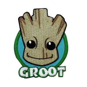May include: Green and brown embroidered patch featuring a cartoon character with the text "GROOT" underneath.