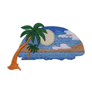 May include: Embroidered patch featuring a tropical island scene with two palm trees, a blue ocean, a sandy beach, and a full moon in a blue sky with white clouds.