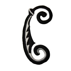 May include: Black and white embroidered iron-on patch of the letter C with a decorative flourish.