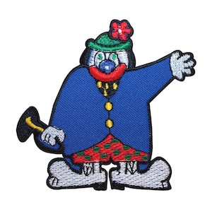 May include: An embroidered patch of a clown with a blue jacket, red and green pants, and a red flower on a green hat.