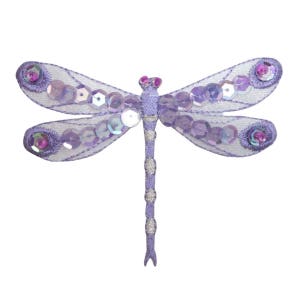 May include: A lavender dragonfly applique with iridescent sequins and a white and silver embroidered body.