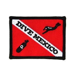 May include: Red and white scuba diving flag patch with black embroidered text "Dive Mexico" and a scuba diver and a scuba tank.